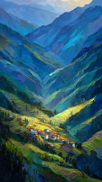 Impressionist Valley Village Oil Painting Mountain View - Free mobile Wallpaper