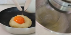 Tách riêng lòng trắng và lòng đỏ trứng gà. Phần lòng đỏ trứng cho vào hỗn hợp bột trộn đều. Lòng trắng thì cho vào âu đánh cho đến khi bông cứng.