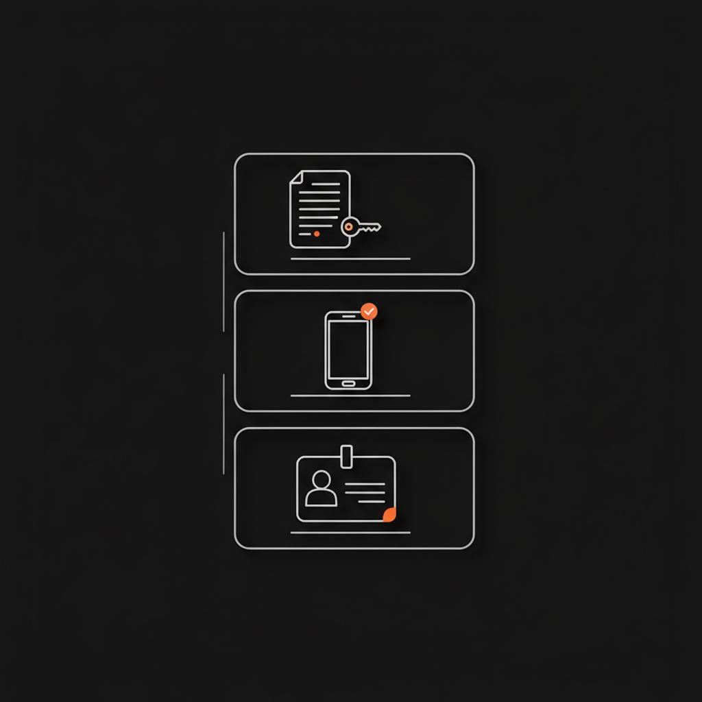 Full-frame minimalist infographic: layered checklist with icons for backup codes, phone, and ID on black background — reactivate deactivated email account.