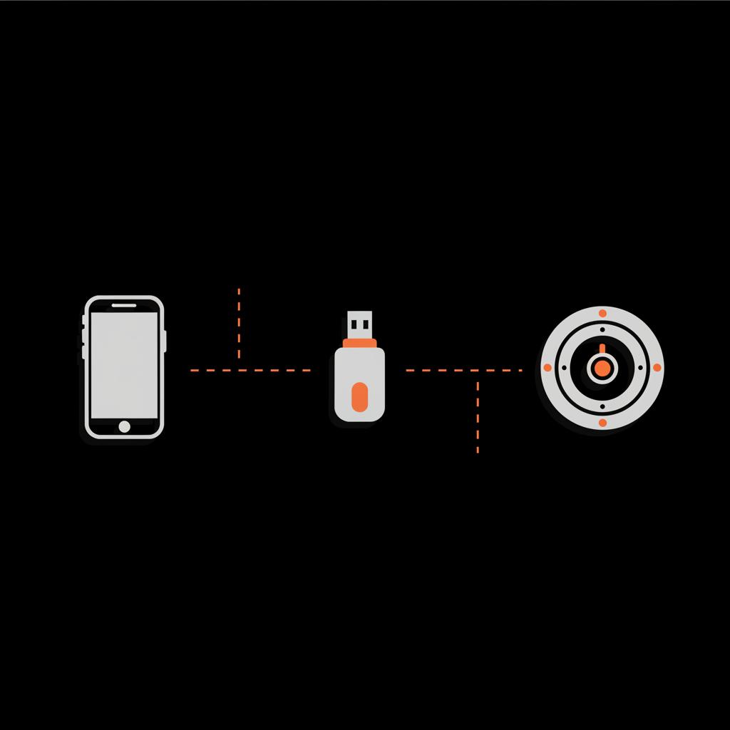 Minimal 2D vector infographic of a phone, hardware security key, and password vault connected by orange arrows to illustrate how to recover email password.