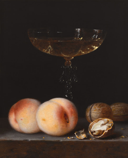 Still life with peaches walnuts and a façon de Venise wine glass