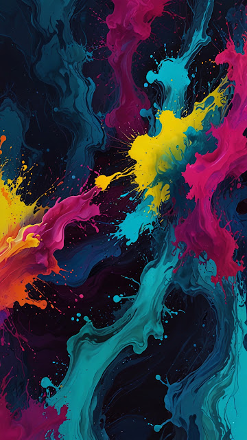 Vibrant paint splashes explode in neon colors against dark void - Free mobile Wallpaper