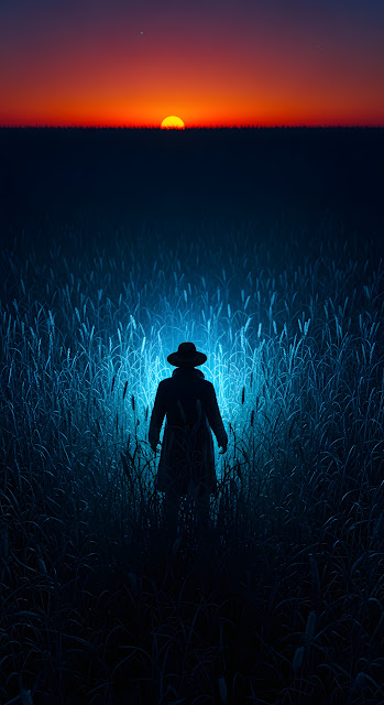 Isolated Figure with Blue Glow in a Dark Field at Twilight Sunset - Free mobile Wallpaper