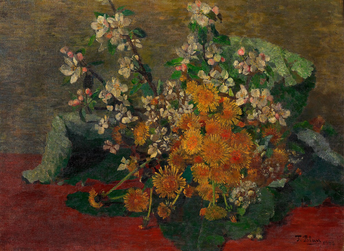 Blumenstück Löwenzahn und Apfelblüten 1902
