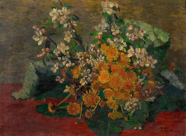 Blumenstück Löwenzahn und Apfelblüten 1902