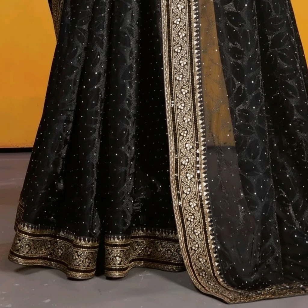 Party wear saree for women and girls with sequin  lace border and blouse piece farewell saree for girls