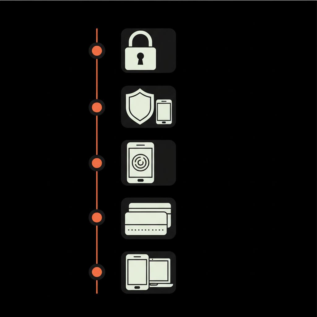 Minimal vector infographic for google account recovery showing five security icons: password, 2-step verification, authenticator app, backup codes, and trusted devices on black background.