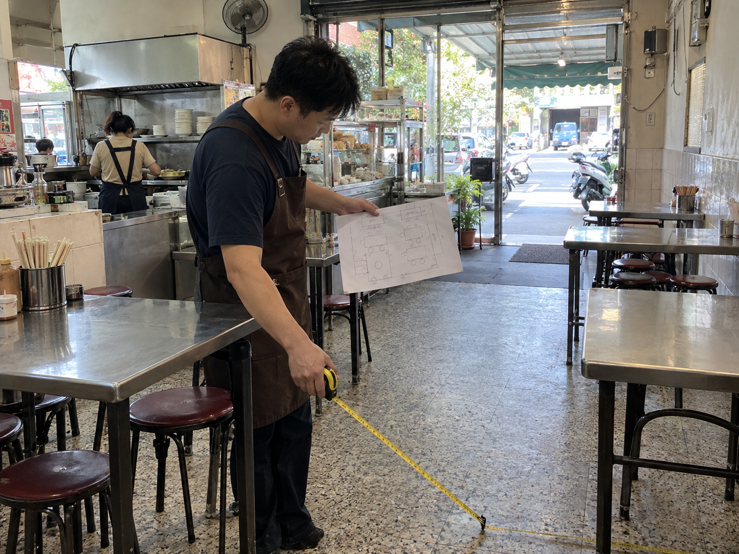 早餐店老闆用簡單配置圖與量尺盤點桌位和通道