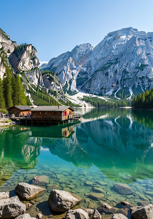 Alpine Lake Chalets with Snowy Mountains