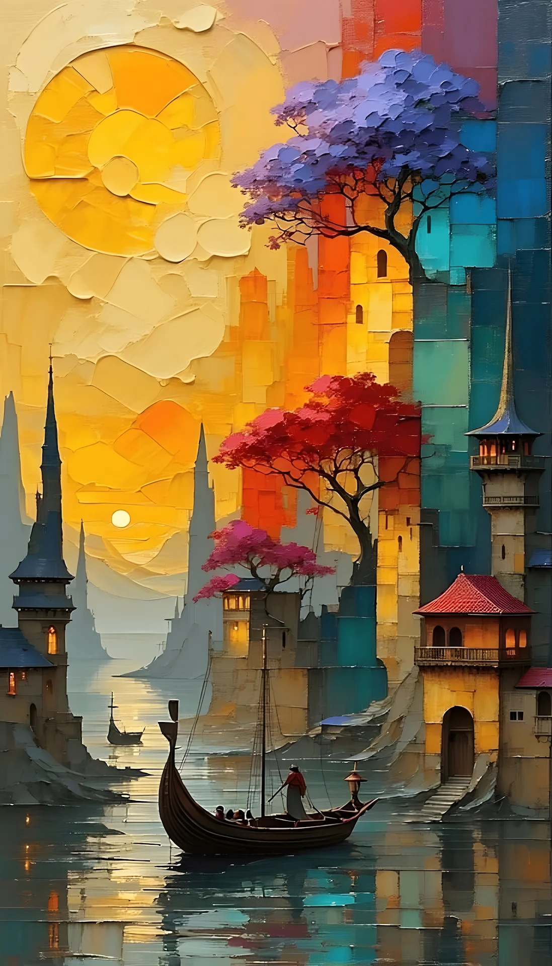 Impasto Fantasy Cityscape with Vibrant Color Blocks - Free 4K mobile Wallpaper