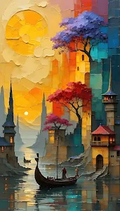 Impasto Fantasy Cityscape with Vibrant Color Blocks