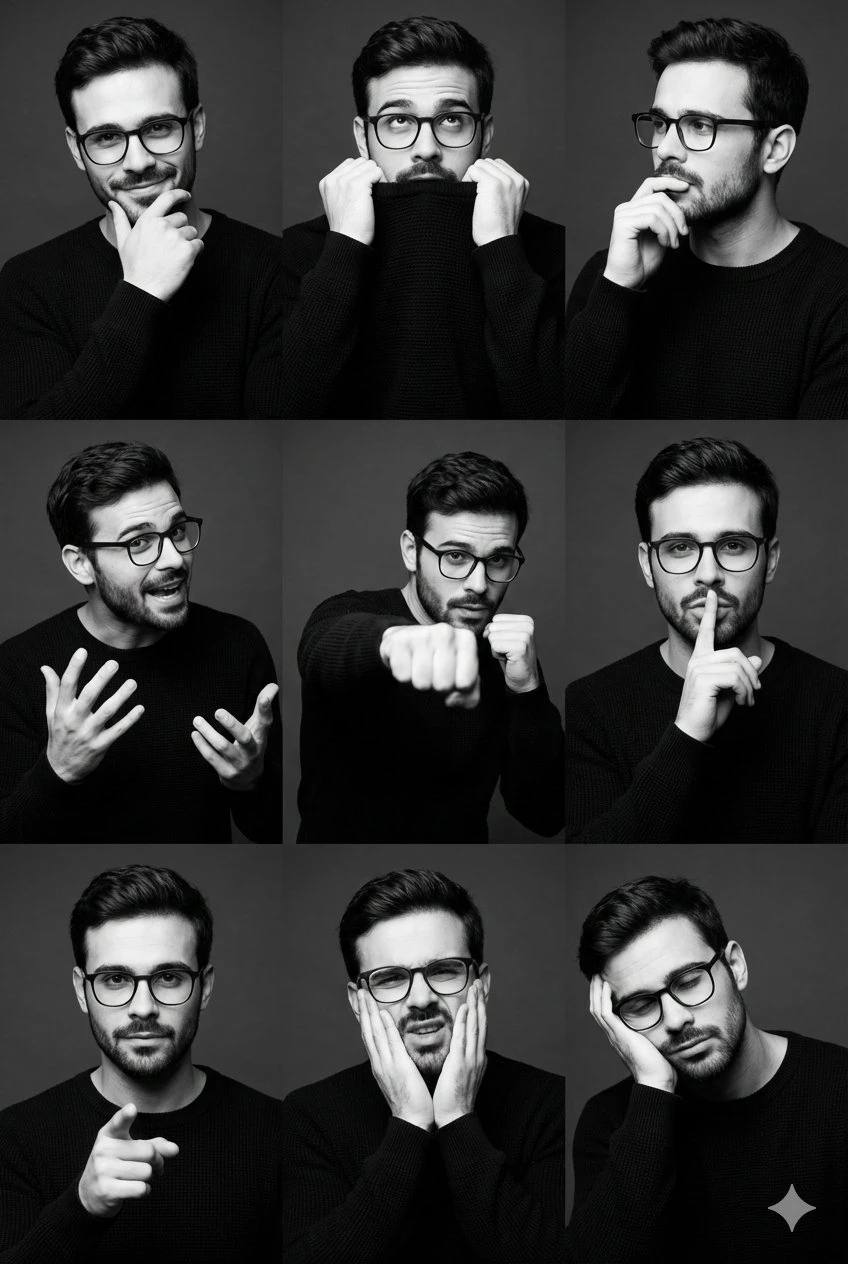 Collage de retratos masculinos en cuadrícula de 3x3, serie de retratos de moda en blanco y negro
