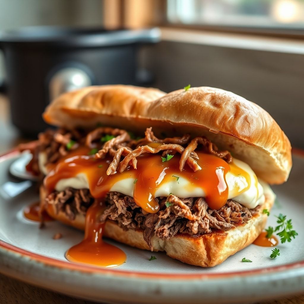 Easy Slow Cooker French Dip Sandwiches with Shredded Beef – 15-Minute Prep finished