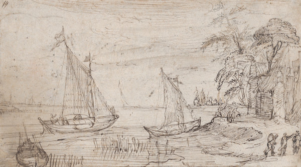 Riverscape with Two Sailboats and Several Figures early 17th century