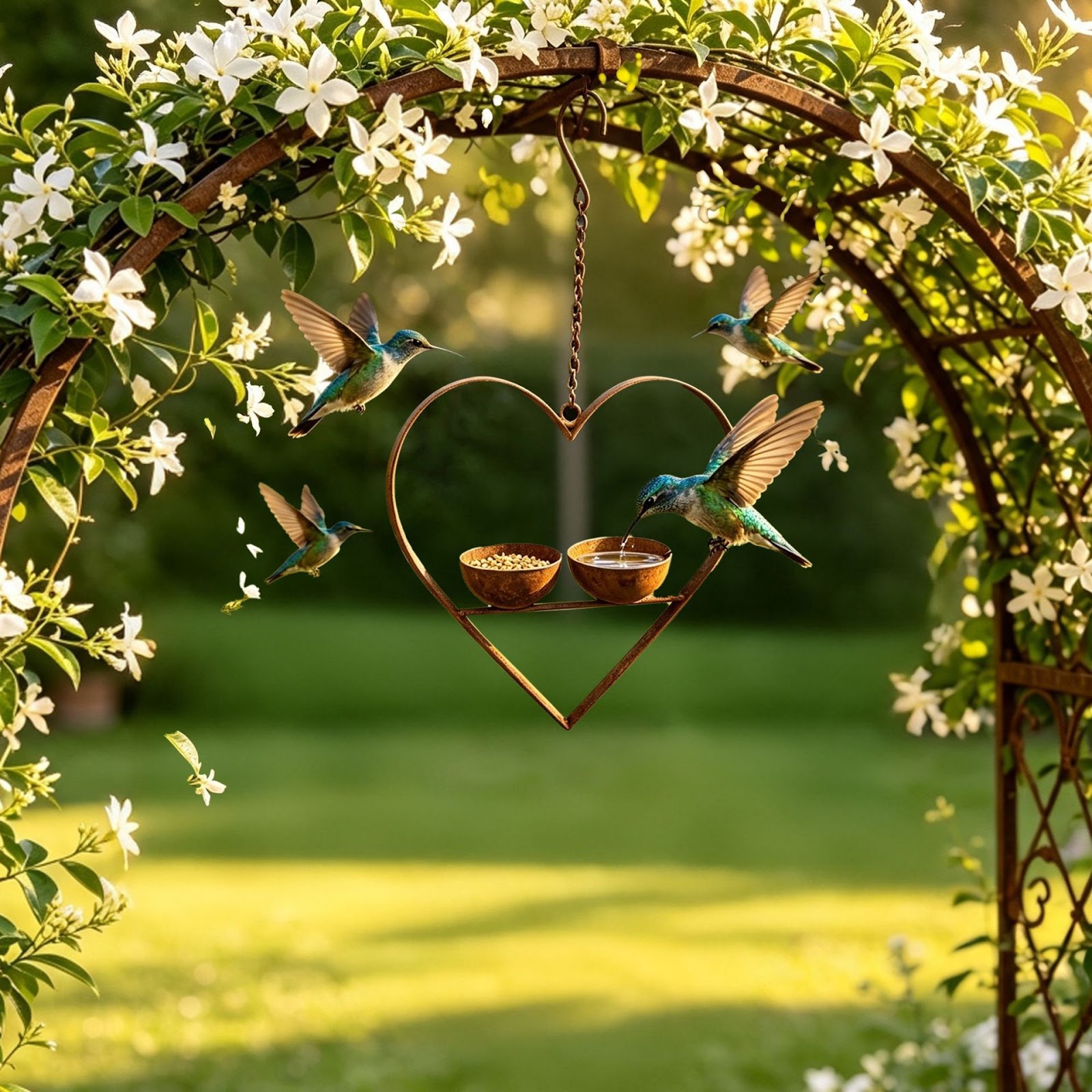 Heart-shaped metal bird feeder with two bowls