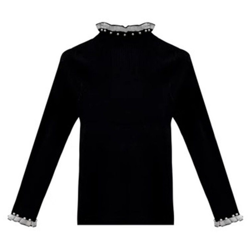 Women's knitted sweater with stand-up collar, lace, and pearls