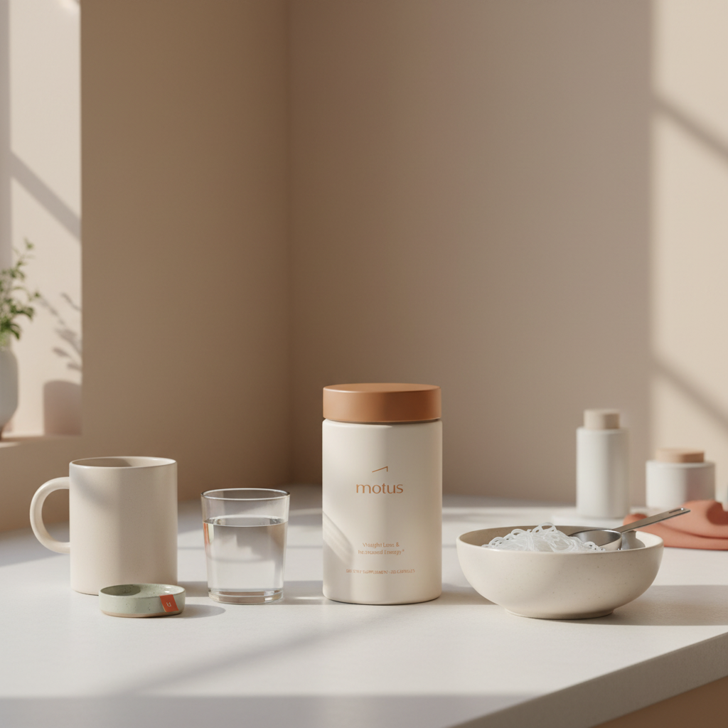Tonum Motus supplement jar beside a bowl of shirataki noodles, measuring scoop, mug and glass of water on a minimalist kitchen counter; clean composition illustrating glucomannan side effects.
