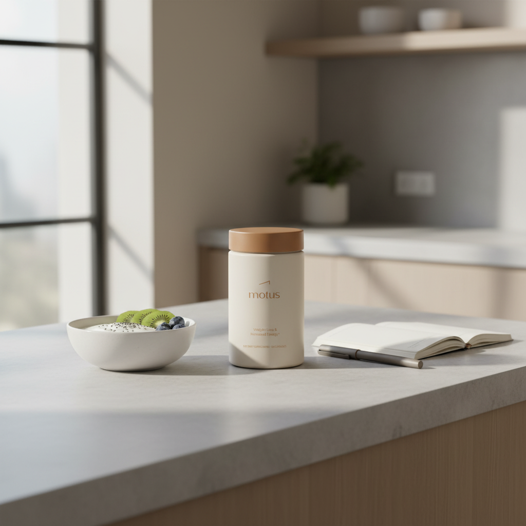 Tonum Motus bottle beside a Greek yogurt breakfast bowl and notebook on a minimalist kitchen counter illustrating the 30/30/30 rule for weight loss