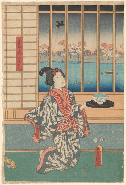 Woman Holding Bowl and Tray before Window cherry trees blooming outside late 18t