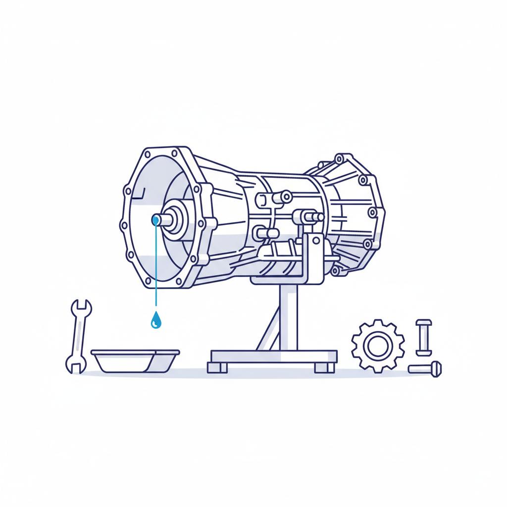 Minimalist 2D vector of a minivan transmission on a service stand with visible fluid drip and linkage under bright garage lights on white background honda odyssey for sale