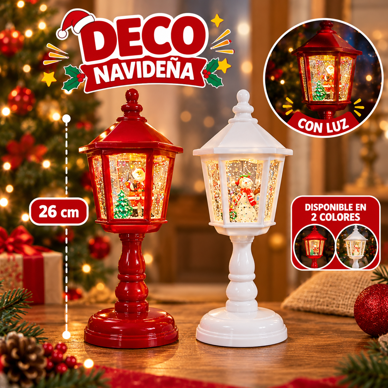 Farol navideño rojo con Papá Noel