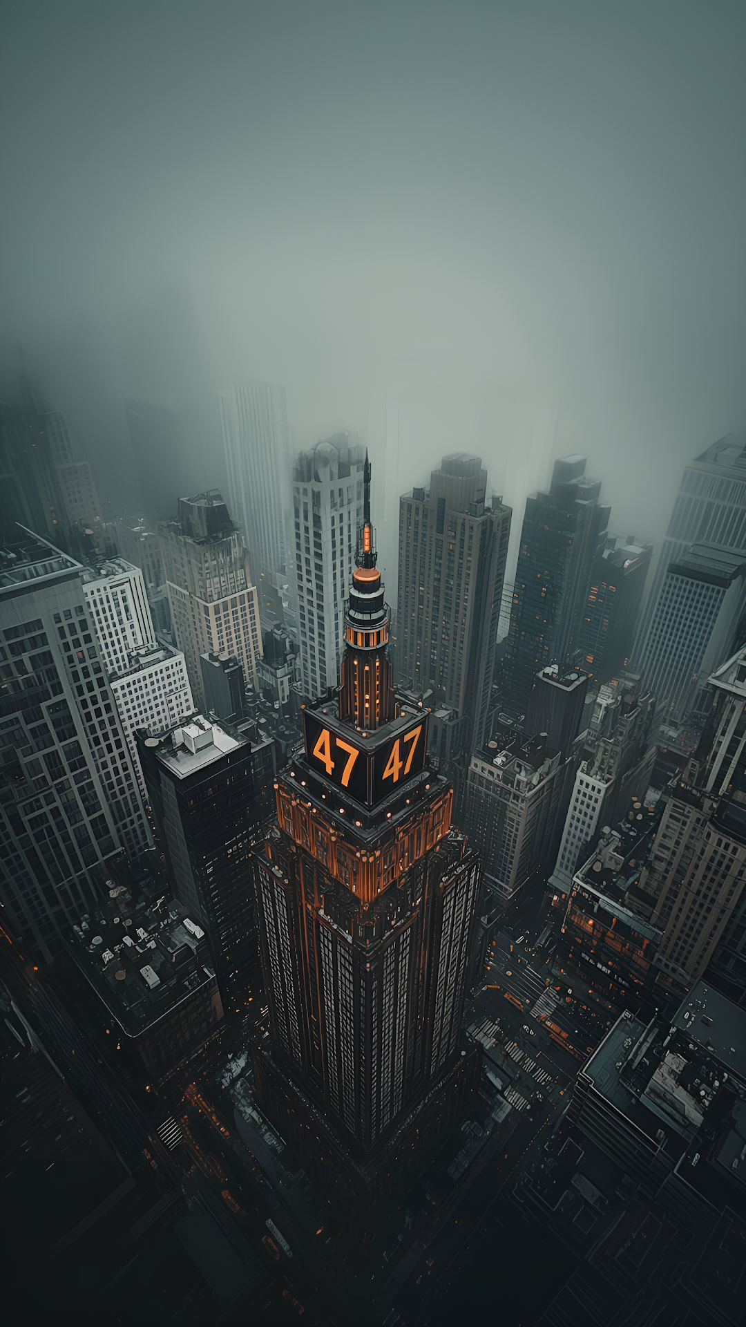 Misty City Skyline with Illuminated Skyscraper Tower - Free 4K mobile Wallpaper