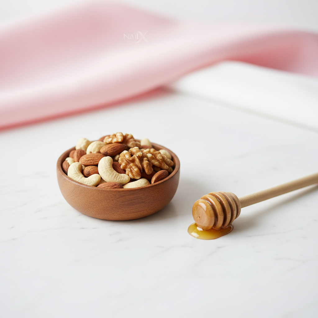Nahaufnahme einer Holzschale mit exakt 25 g gemischten Nüssen (Mandeln, Walnüsse, Cashews) und einem Honiglöffel auf weißem Marmor – Nüsse für Nägel