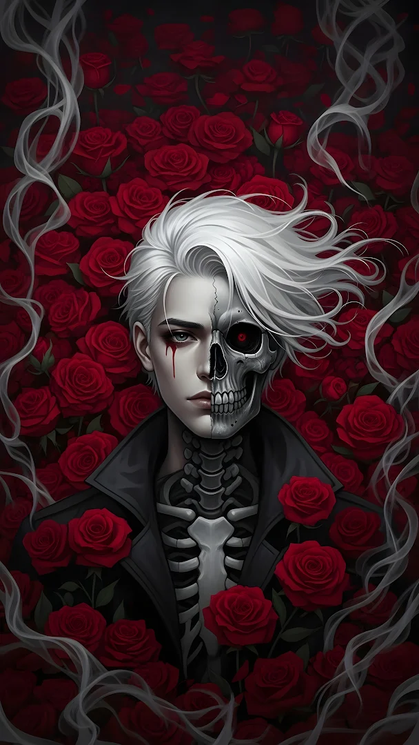 Gothic Half-Skull Portrait with White Hair and Red Roses