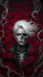 Gothic Half-Skull Portrait with White Hair and Red Roses