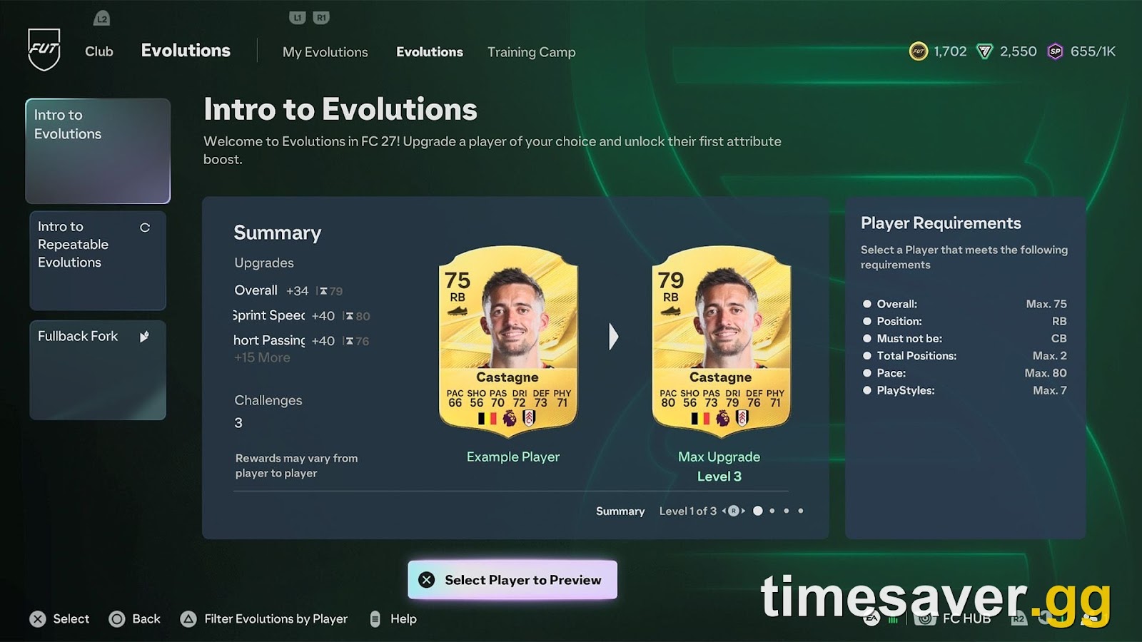 EA SPORTS FC 27 Ultimate Team Evolutions screen showing a player card upgrade path with challenges and requirements