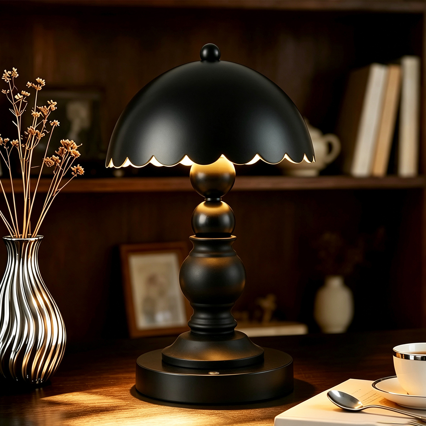 Black table lamp with column design, touch control