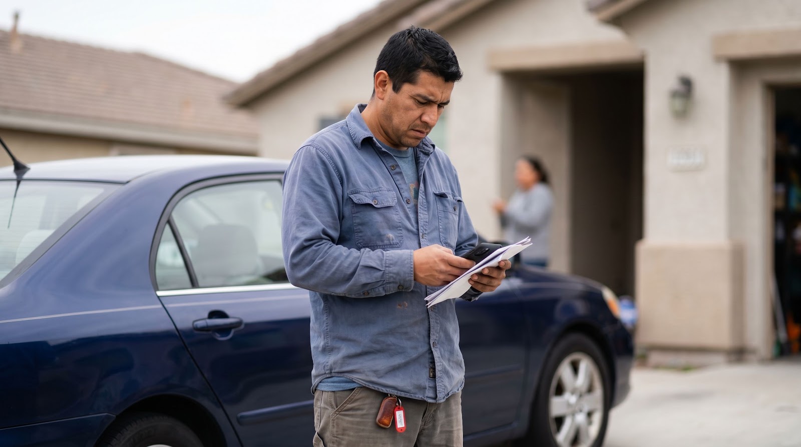 Florida driver documenting a car into canal insurance coverage Florida claim beside his vehicle at home