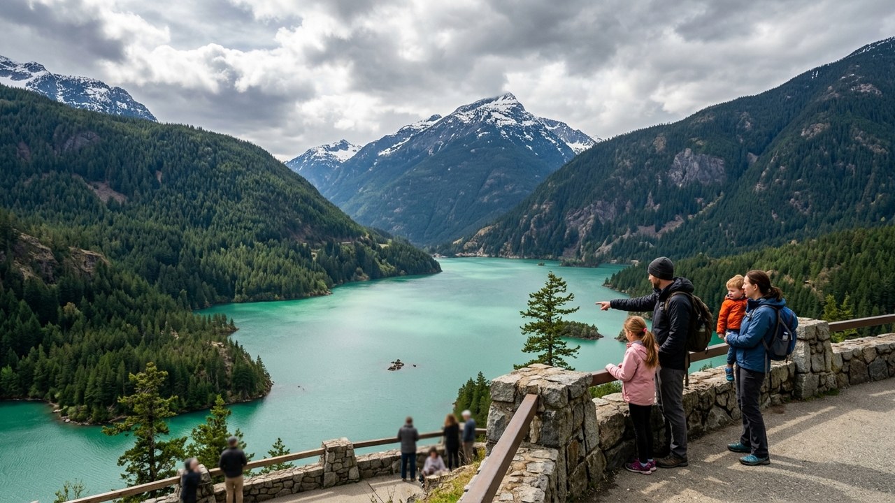 Family at Diablo Lake overlook with vivid turquoise glacial water North Cascades Washington