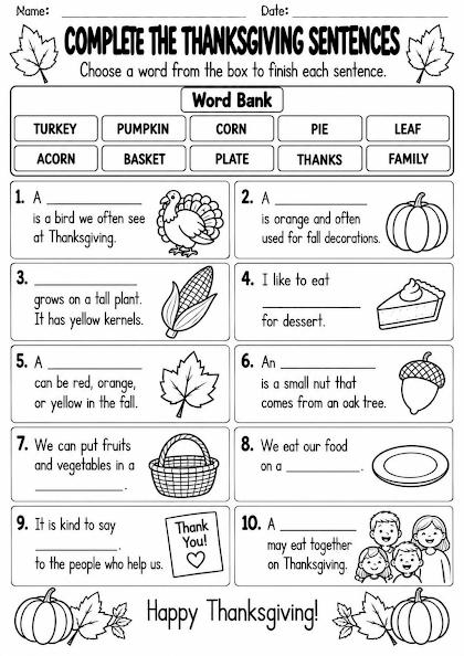 Complete the Thanksgiving Sentences Worksheet