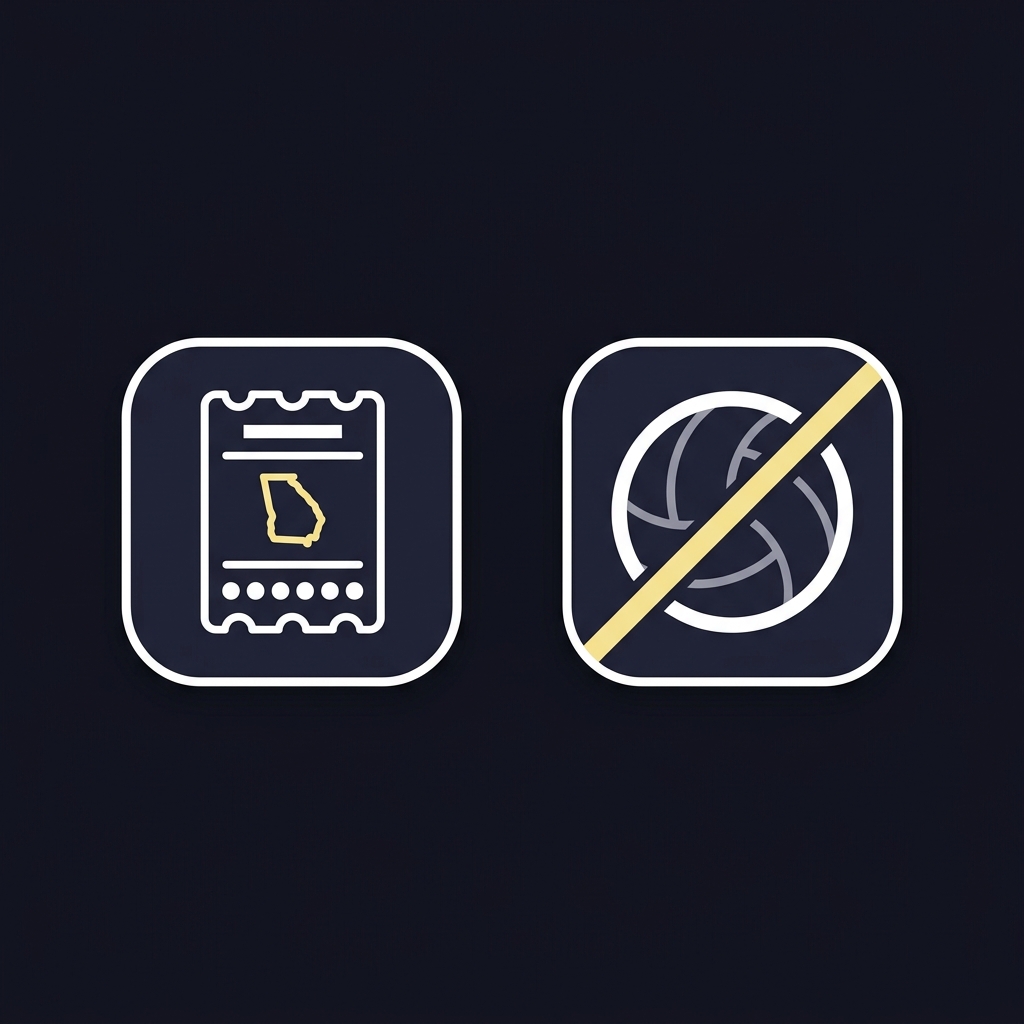 Minimal 2D vector of two app icons side by side on a dark background showing a lottery ticket with a Georgia state mark and a sports ball crossed out indicating blocked sports betting georgia betting apps