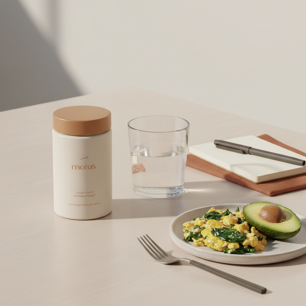 Motus supplement jar on wooden table with protein breakfast, glass of water and notebook — clean Tonum lifestyle photo of fat loss supplements