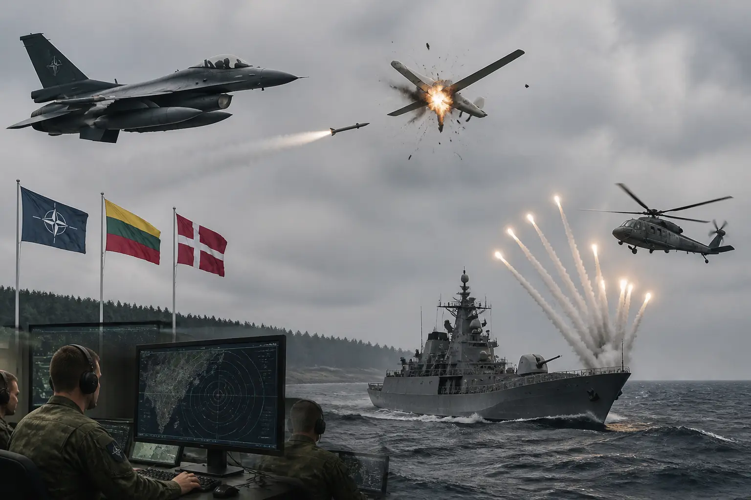 Editorial image for Nato Jets Shoot Down Drone Over Lithuania, Russian Warship Fires Flares at Danish Helicopter