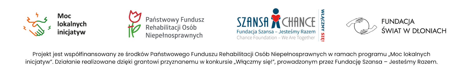 logotypy projektowe: Program Moc lokalnych inicjatyw, PFRON, Fundacja Szansa - Jesteśmy Razem, Fundacja Świat w Dłoniach