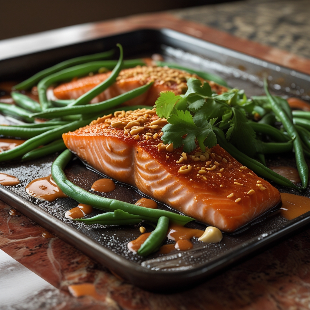 Final Thai Coconut Curry Salmon & Green Bean Sheet Pan Meal with Peanut Drizzle