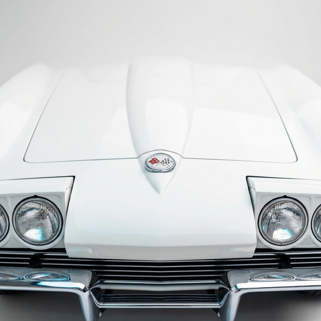 Close up of 1963 split window Corvette front end and badge showing original patina or restored finish on clean white background corvettes for sale near me