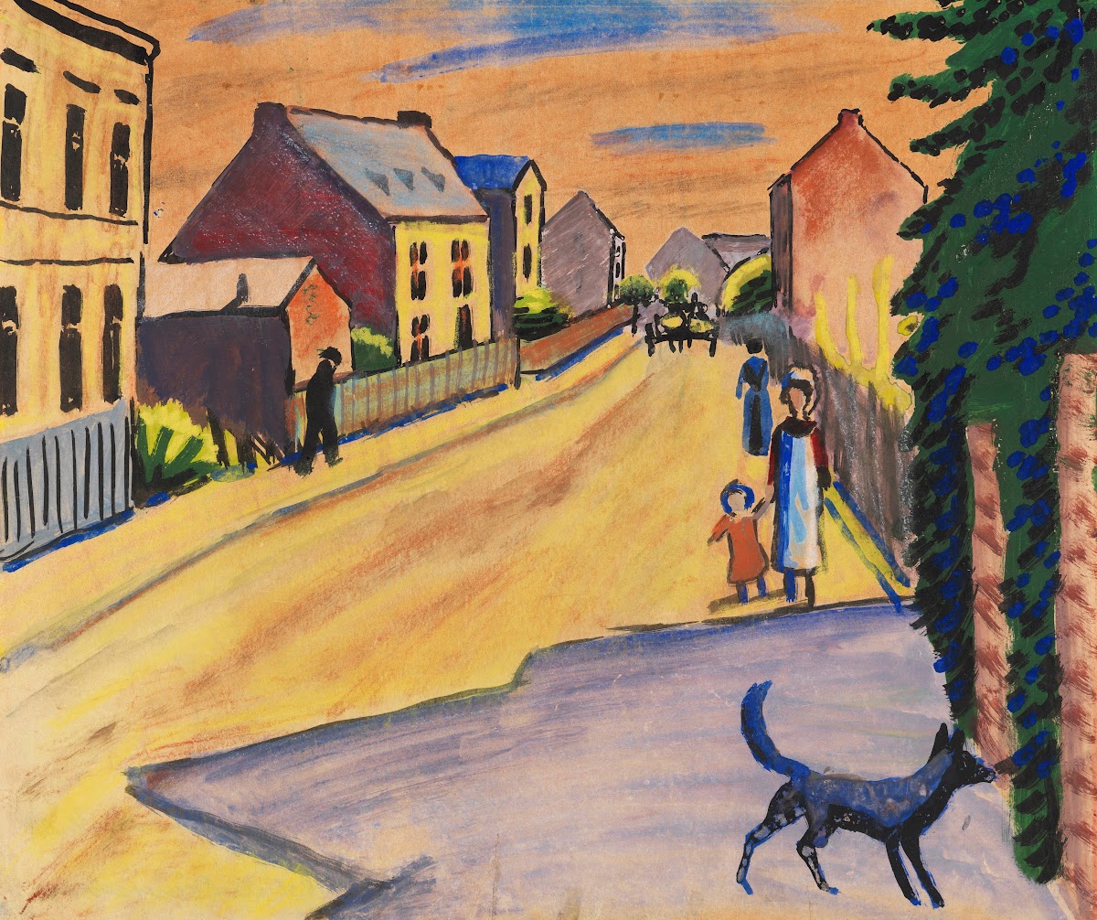 Sonnige Straße mit Hund 1911