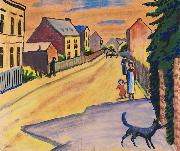 Sonnige Straße mit Hund 1911
