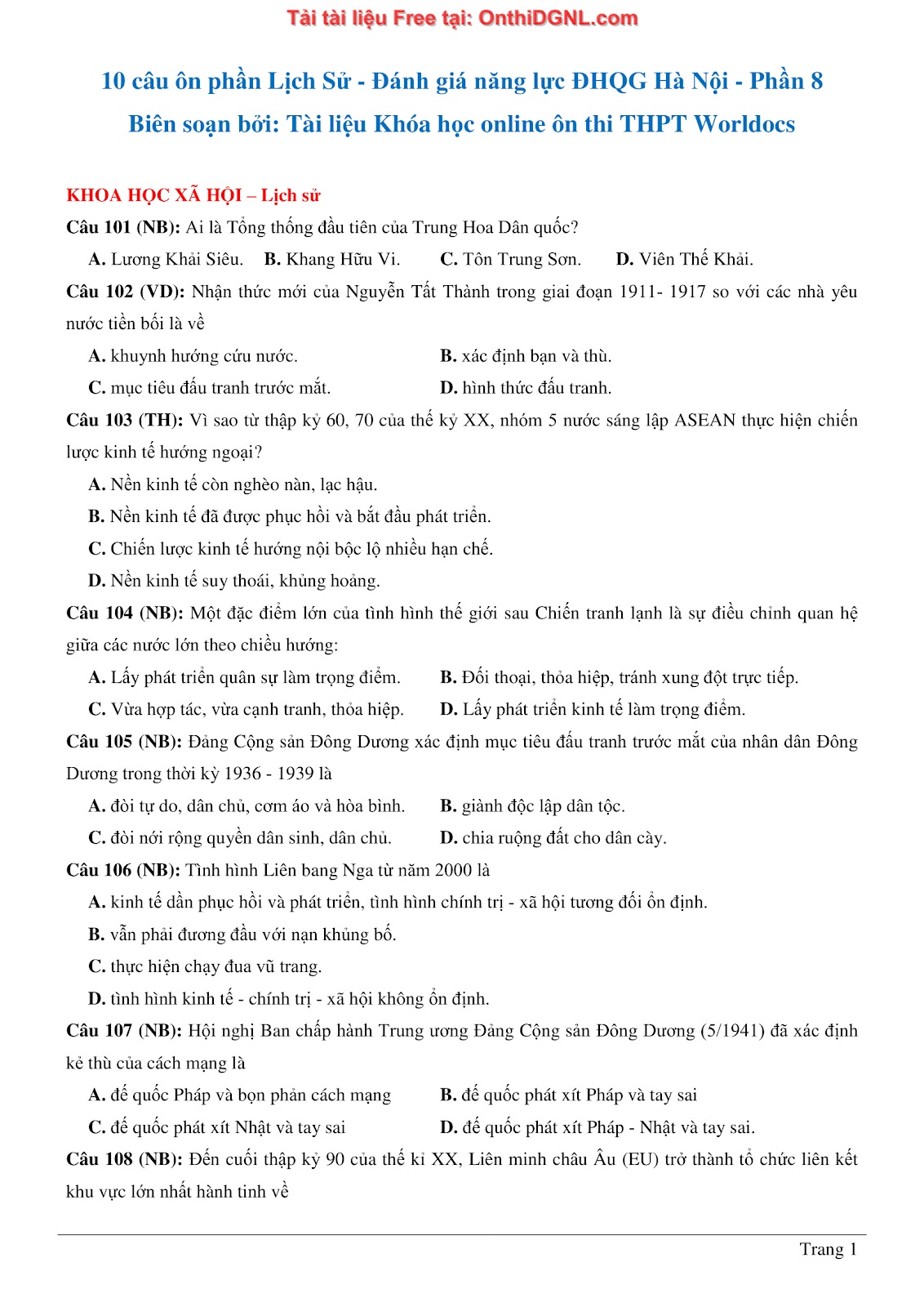 150 bài tập môn Sủ- Ôn thi ĐGNL ĐHQG HN Phần 8