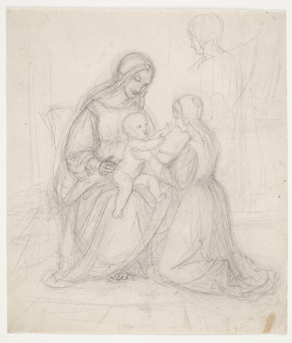 Siddende madonna med barn og knælende kvinde