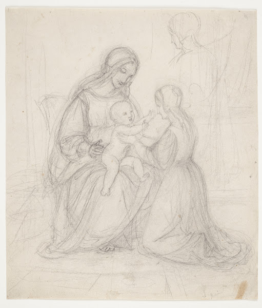 Siddende madonna med barn og knælende kvinde