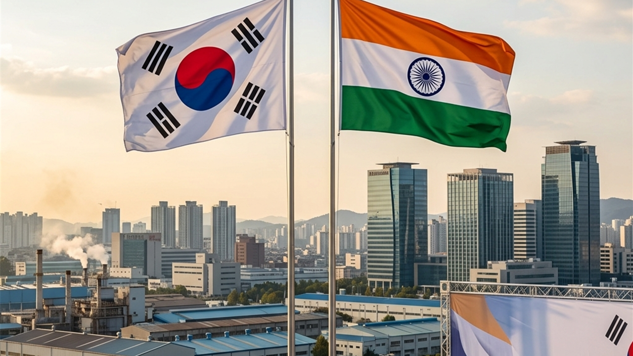 한국과 인도 국기가 함께 펄럭이는 외교 무대