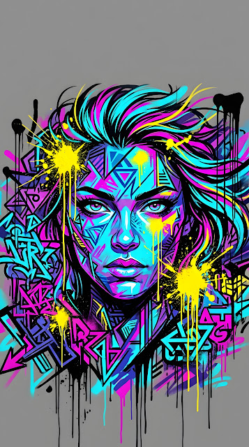Vibrant Urban Graffiti Illustration of a Stylized Face with Abstract Geometric Splatters - Free mobile Wallpaper