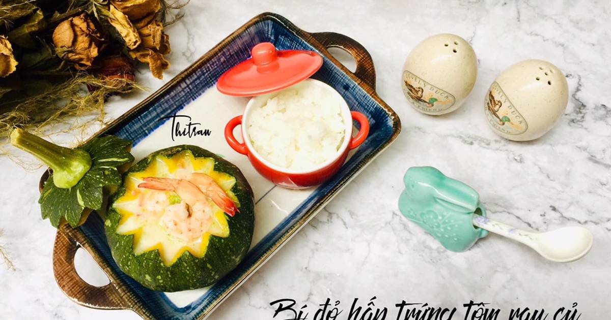 Bí đỏ hấp trứng tôm rau củ