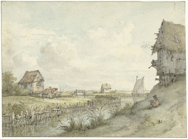 Rivierlandschap met schetsende tekenaar tussen hutjes 1776   1822