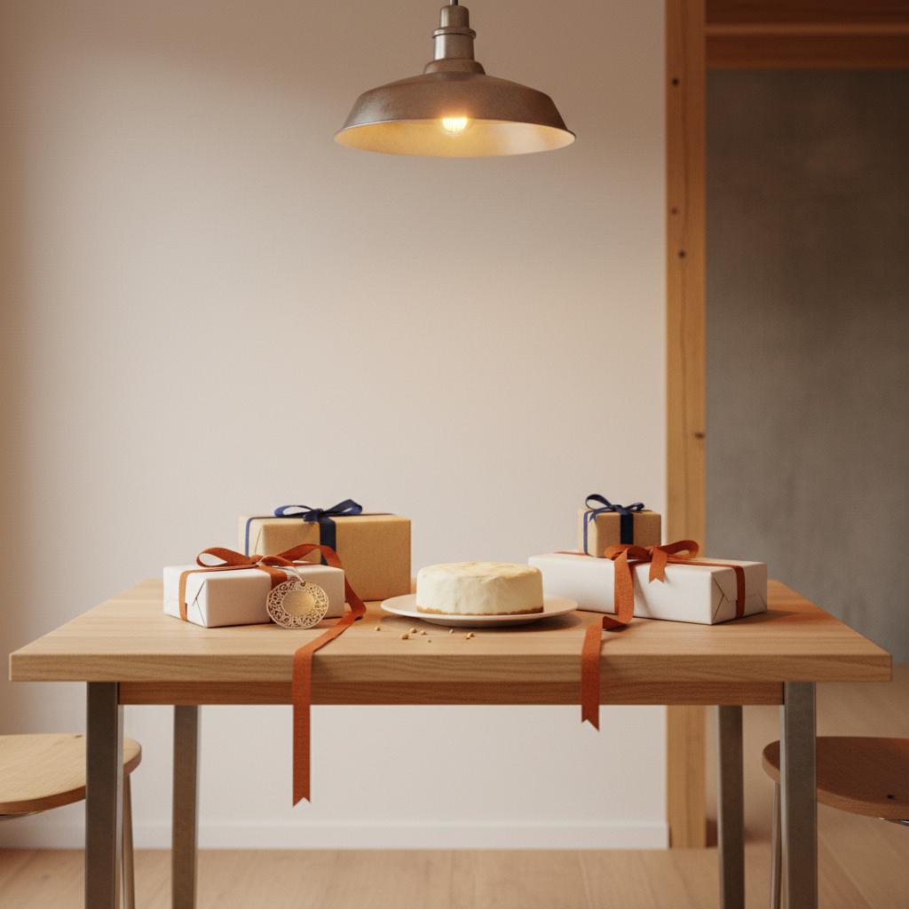 Was schenkt man einem 14-jährigen Jungen: Minimalistischer Esstisch mit Geschenkverpackungen, graviertem Metall‑Anhänger und Vanillekuchen in warmem, industriellem Ambiente